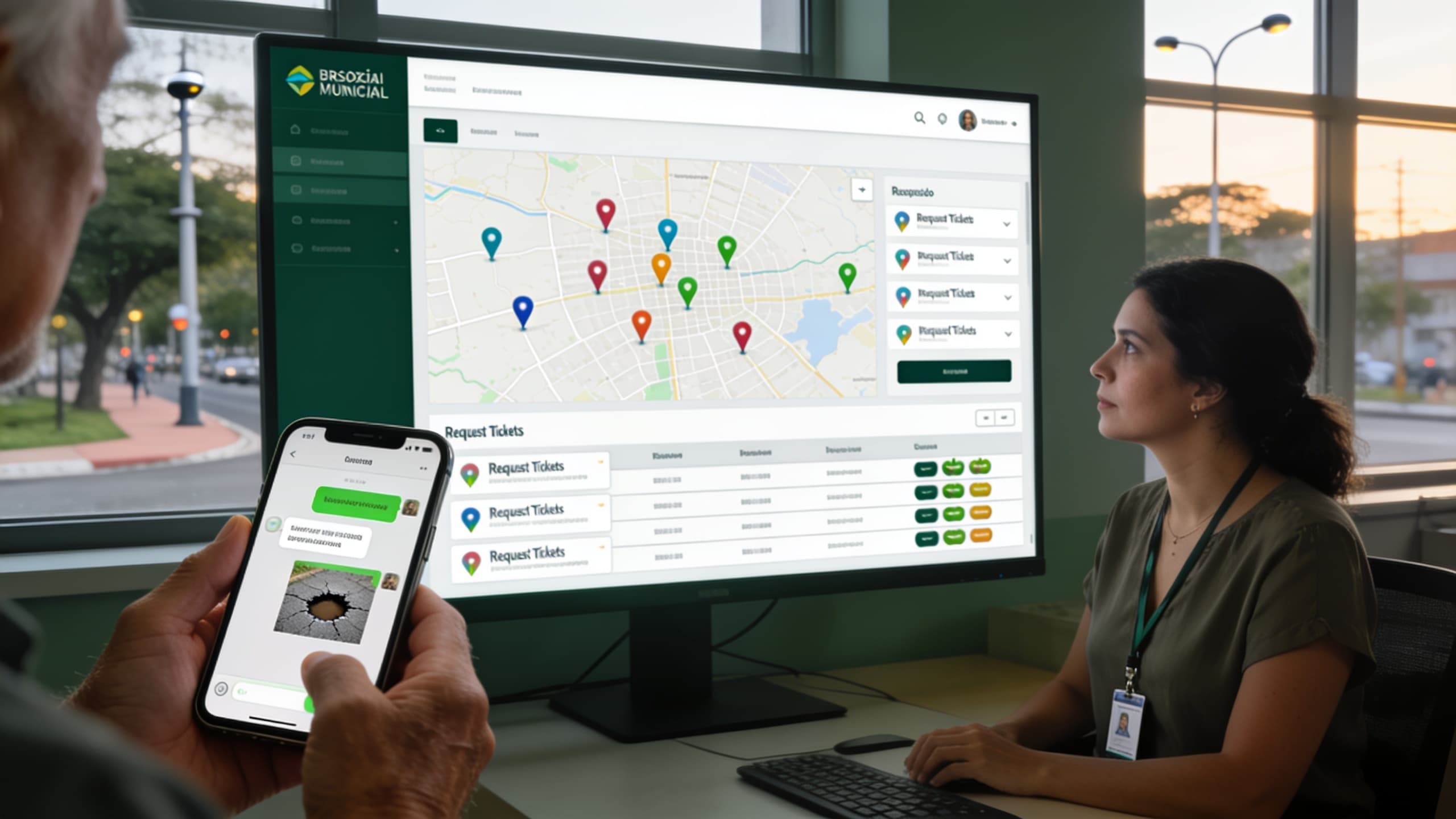 Servidora municipal acompanha em um monitor um painel com mapa da cidade e solicitações de moradores, enquanto um cidadão envia um pedido pelo WhatsApp no celular.