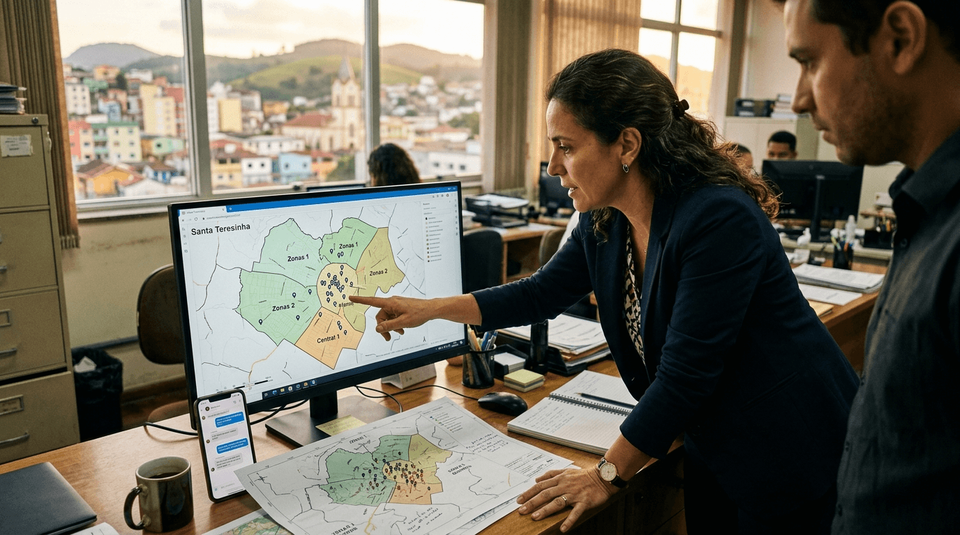 Gestora municipal analisa em um monitor um mapa da cidade com bairros destacados por volume de solicitações, ao lado de uma janela com vista para ruas e casas do município.