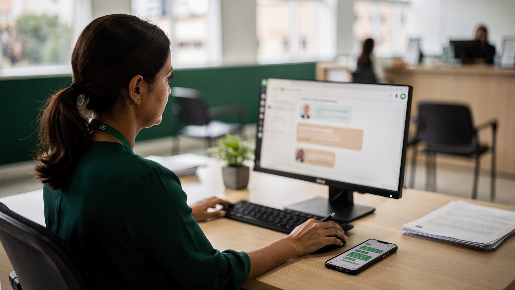 Servidora pública em uma secretaria municipal analisa na tela do computador o resumo de uma solicitação já organizada, com um celular aberto no WhatsApp ao lado