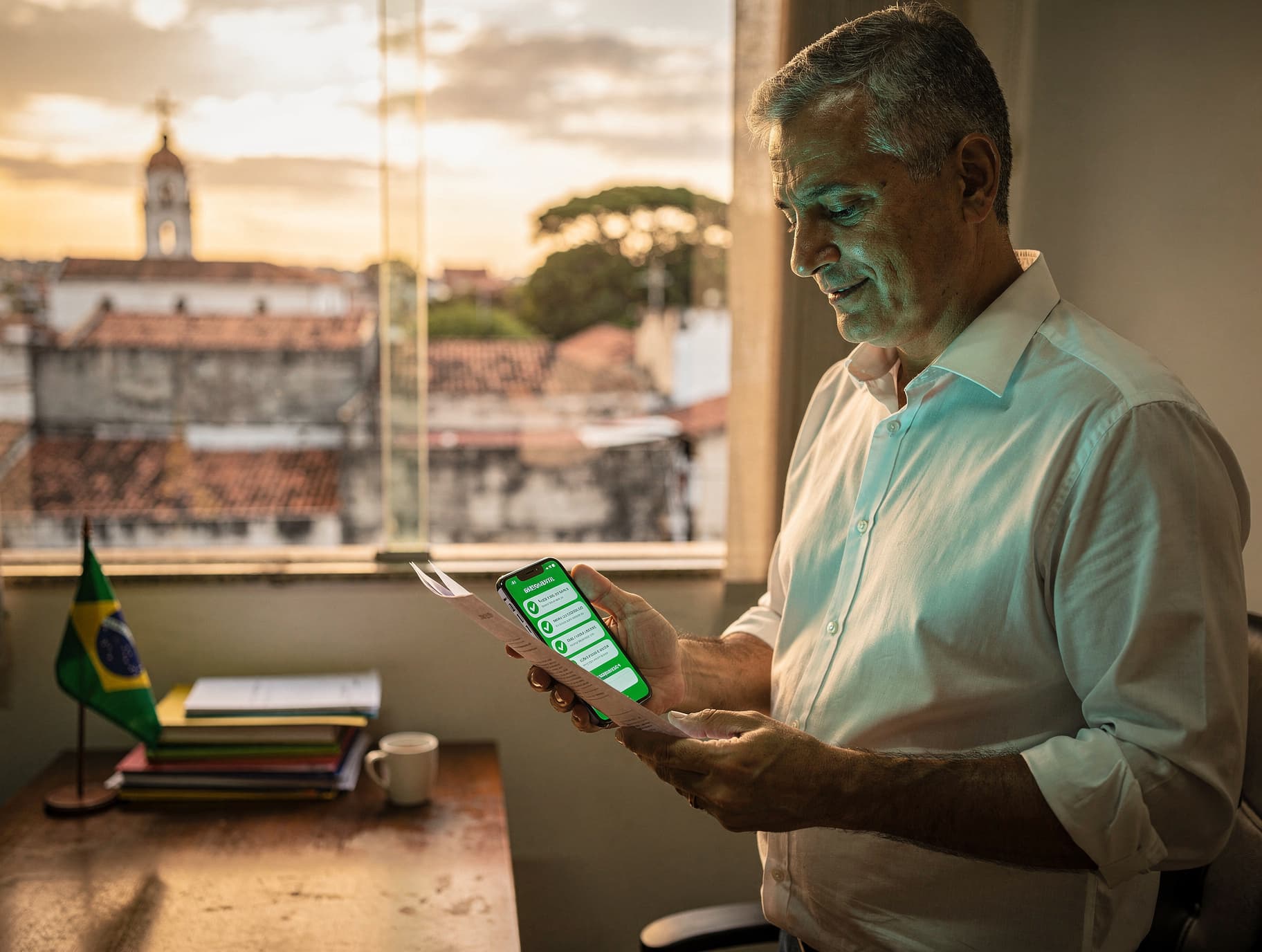 Prefeito em seu gabinete, ao fim da tarde, segurando uma Carta de Serviços impressa enquanto observa no celular um painel com protocolos de atendimento concluídos, com a cidade ao fundo pela janela.