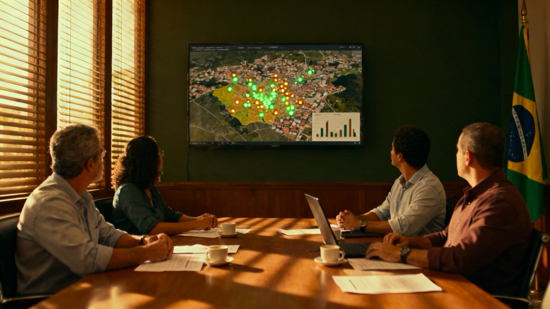 Gestora pública analisando painel com indicadores de atendimento ao cidadão em uma sala da prefeitura, com mapa da cidade e gráficos em tempo real na tela.