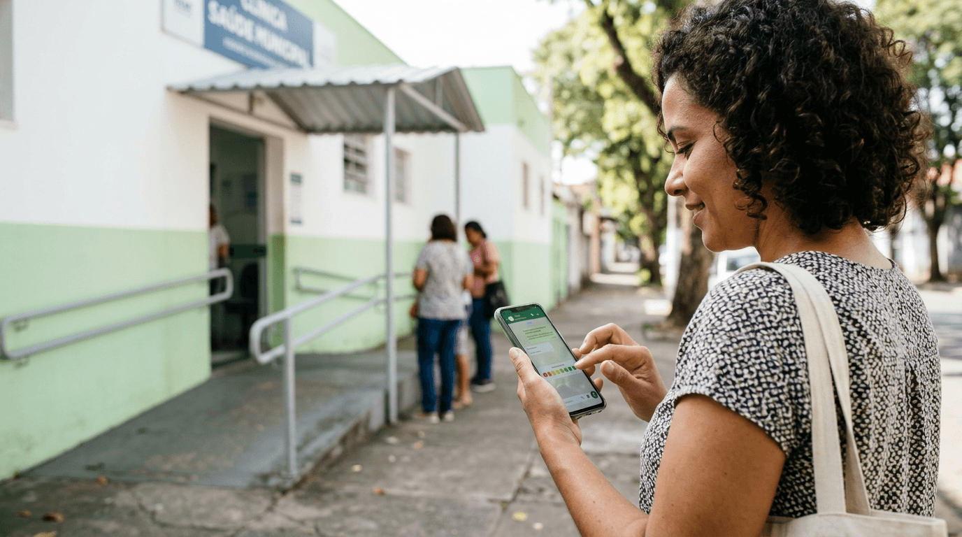 Mulher na calçada em frente a uma unidade de saúde municipal segurando o celular, com tela do WhatsApp mostrando uma pesquisa de avaliação do atendimento com notas de 0 a 10.