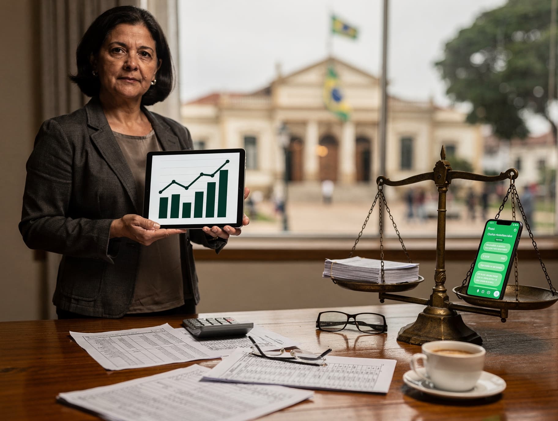 Gestora pública analisa em um tablet gráficos de custo por atendimento e volume de solicitações resolvidas, sobre uma mesa com planilhas de orçamento municipal, com o prédio da prefeitura ao fundo.